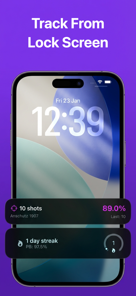 Notch: Target Scoring Tracker - Pantalla de bloqueo de iPhone que muestra estadísticas de la sesión de tiro y widgets de racha de práctica