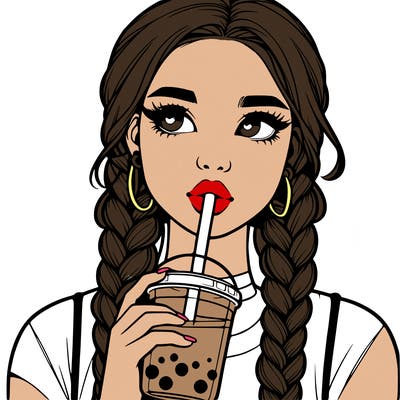 realistic girl with braided hair drinking boba