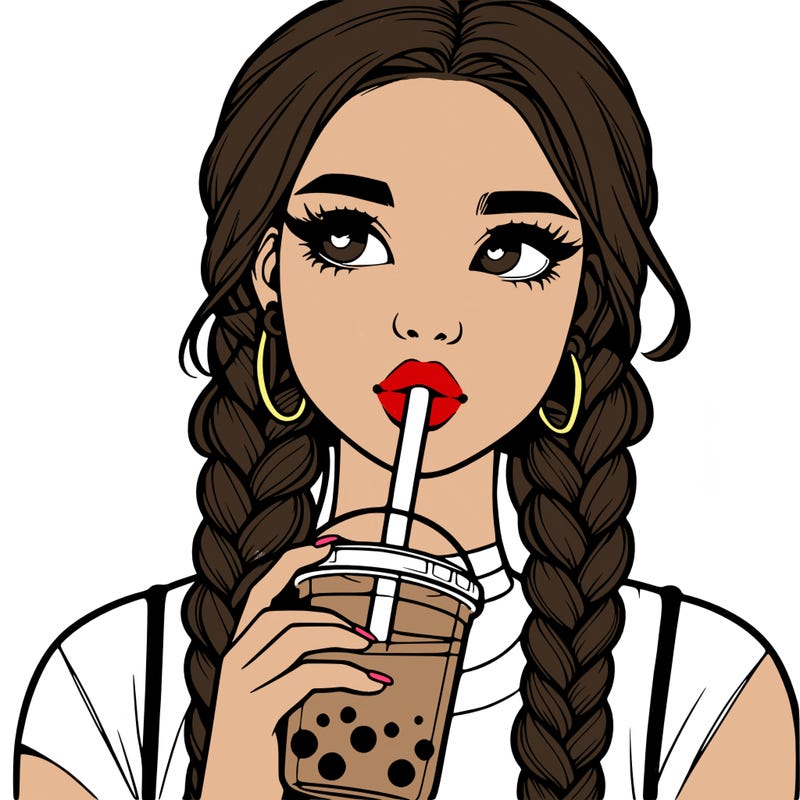 realistic girl with braided hair drinking boba