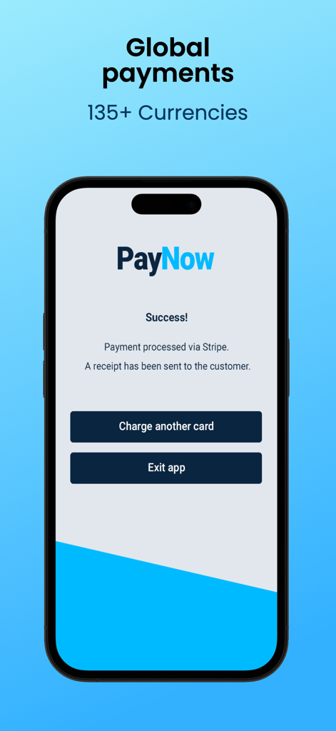 PayNow for Stripe - PayNow app screen showing a successful payment confirmation via Stripe for global transactions