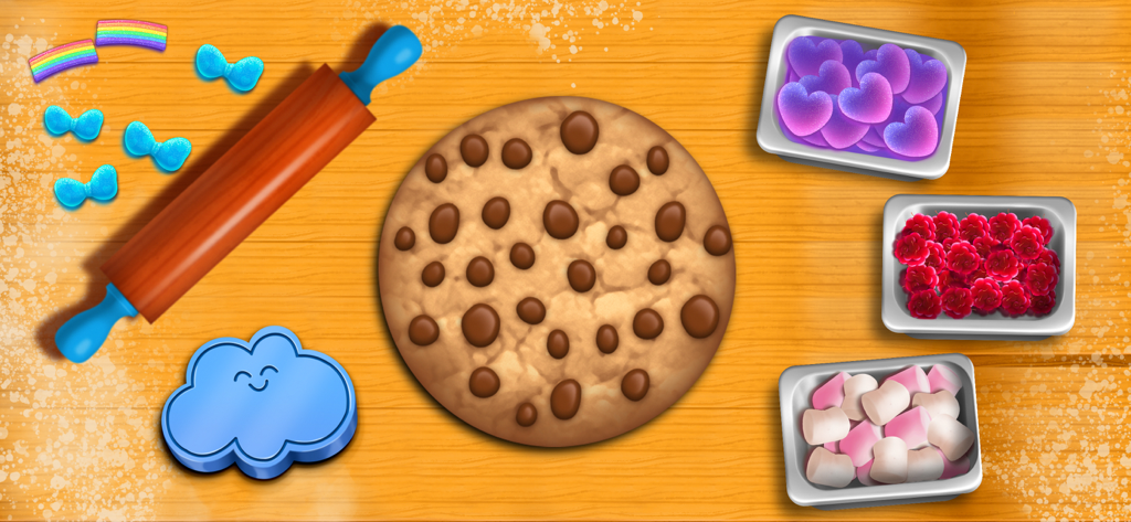 Digital cookie baking scene with a rolling pin, cloud shaped cookie cutter, and colorful toppings on a wooden surface.