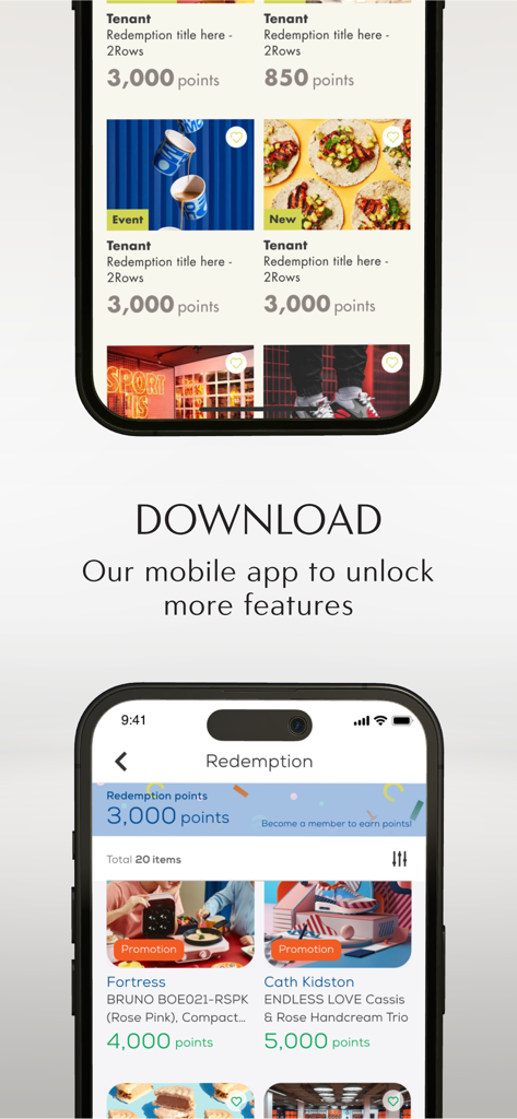 TAIKOO+ - Two mobile phone screens showing the TAIKOO plus app redemption page with various reward items and point values