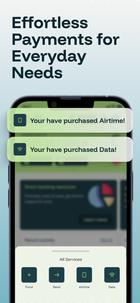 Casha: Mobile Banking - Casha mobile banking app screen showing airtime and data purchase notifications and quick payment services.