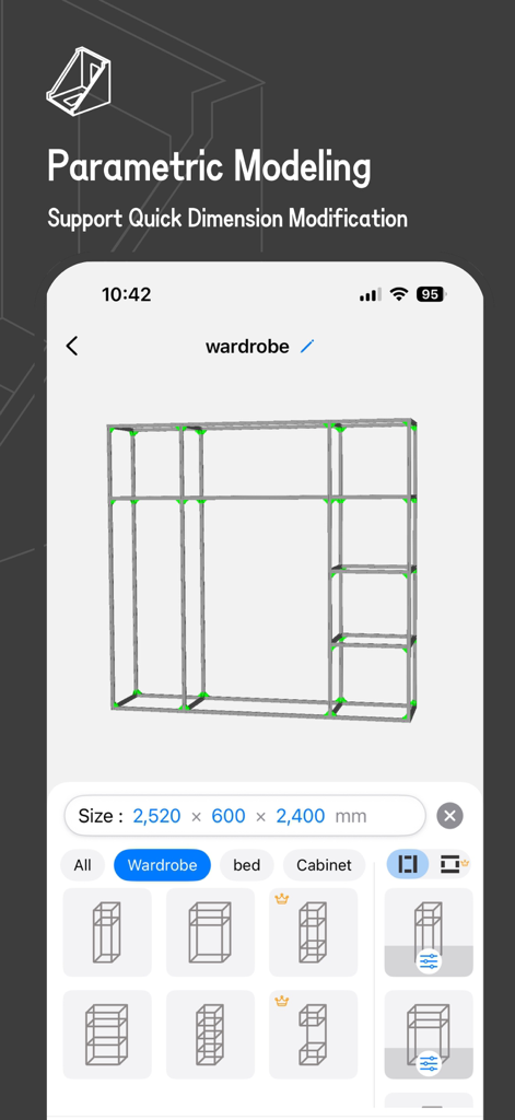 iMake-Profile Furniture Design - iMake app interface showing a 3D modular wardrobe frame design with parametric modeling and dimension tools