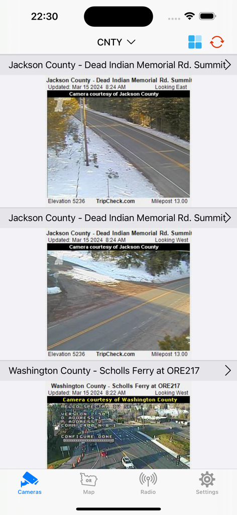 Live traffic camera feeds showing road conditions in Jackson and Washington counties in Oregon