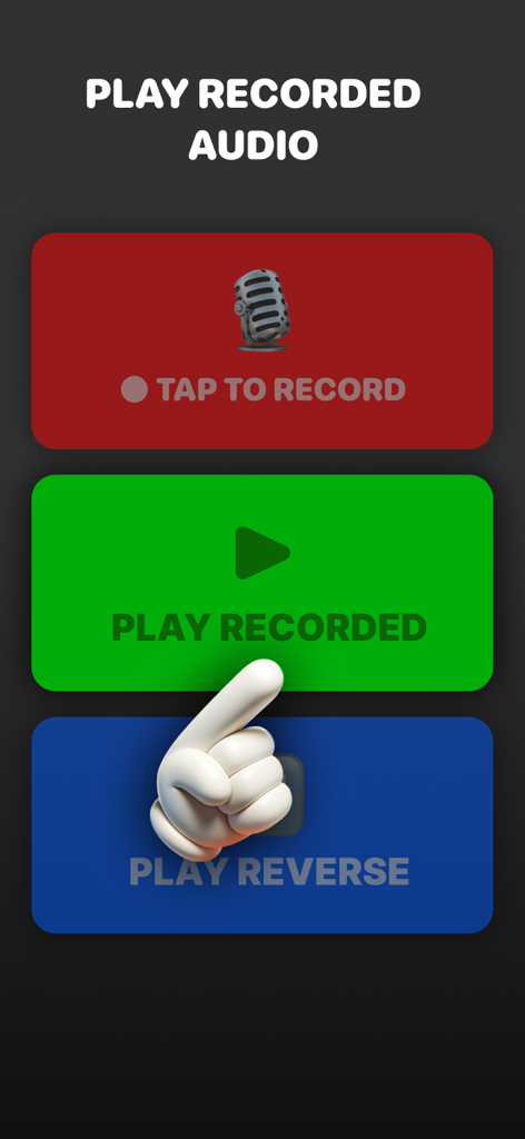 Interfaz de la app móvil con botones grandes y coloridos para grabar y reproducir audio al revés