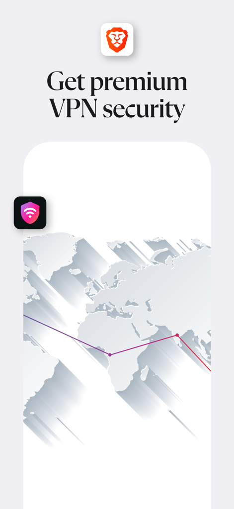 전 세계 연결 지도가 포함된 프리미엄 VPN 보안 기능을 보여주는 Brave 브라우저 스크린샷