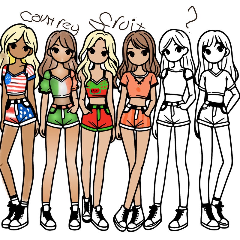 a group of girls wearing crop tops and shorts