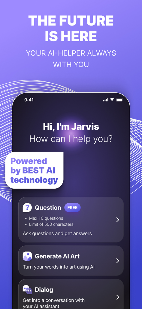 Jarvis Chat bot - AI Assistant - Main menu of Jarvis AI assistant app showing options for asking questions and generating AI art.