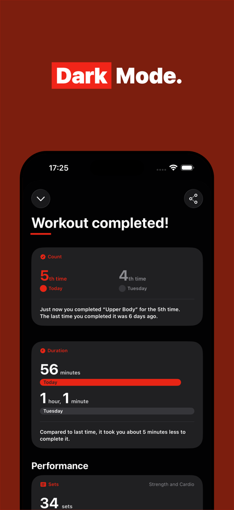 GymBook app interface in dark mode showing a completed workout summary with session count and duration comparisons.