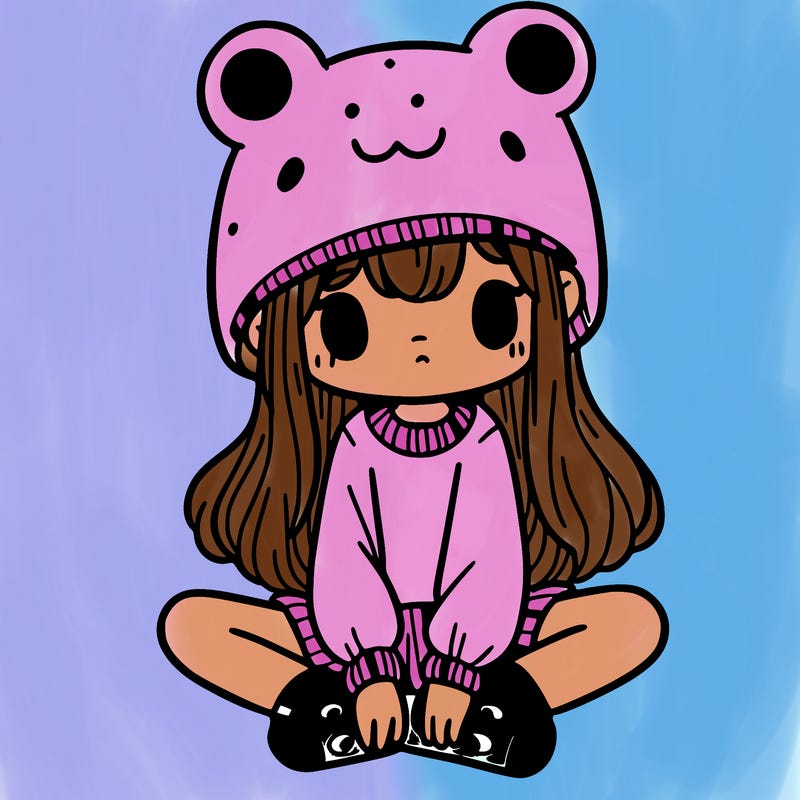 a girl wearing a frog hat and some frog socks