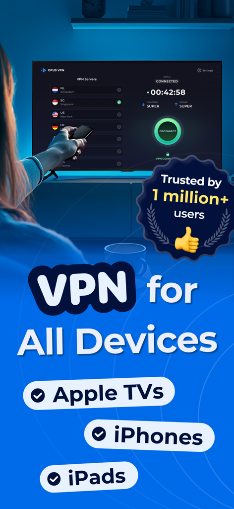 Promotional graphic for Opus VPN showing compatibility with Apple TV, iPhones, and iPads with a badge indicating over 1 million users.