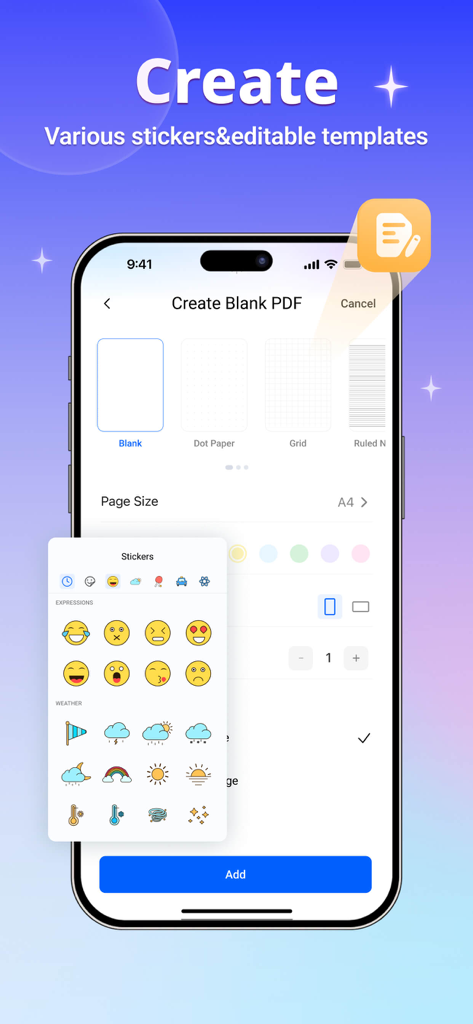 Interface do aplicativo PDFelement para criar PDFs em branco com vários modelos de papel e adesivos decorativos.