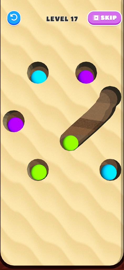 Brain Dig - Digging Puzzle - - Gameplay of Brain Dig puzzle game showing colored balls in sand tunnels on level 17