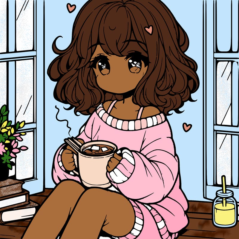 cute anime girl reading book and drinking hot chocolate from mug with loose wavy hair wearing a baggy sweatshirt and shorts sitting by windowsill looking out
