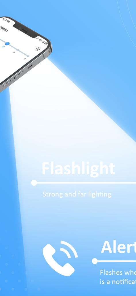 Flashlight app screen showing strong lighting and notification alerts features