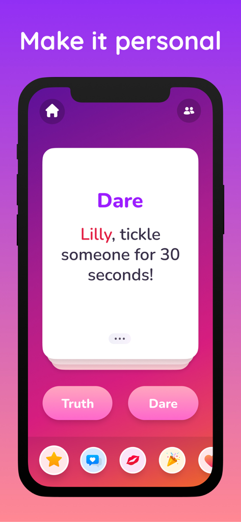 A smartphone displaying a dare card from the Truth or Dare Game Extreme app with a prompt to tickle someone.