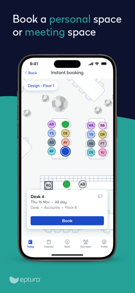 Eptura Engage app displaying an office floor plan for instant workspace booking.