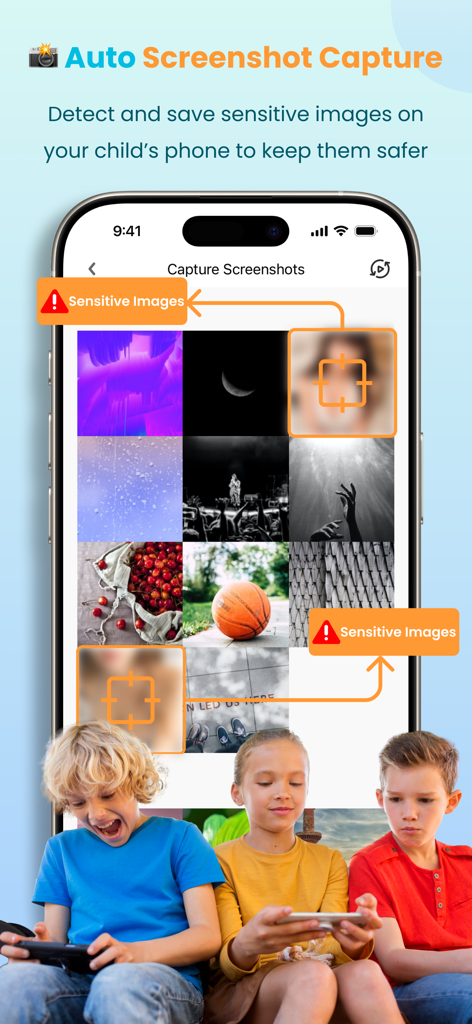 Interfaz de KidsGuard Pro que muestra la función de captura automática de capturas de pantalla con alertas de detección de imágenes sensibles