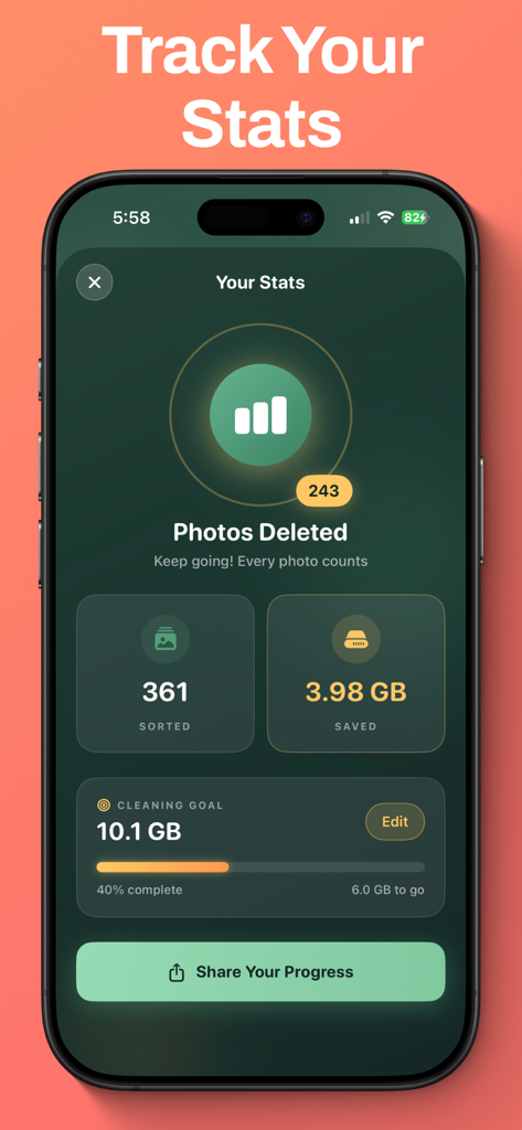 Tidy Cam - Swipe Delete Photos - A dashboard showing photo cleaning stats and storage saved in the Tidy Cam app