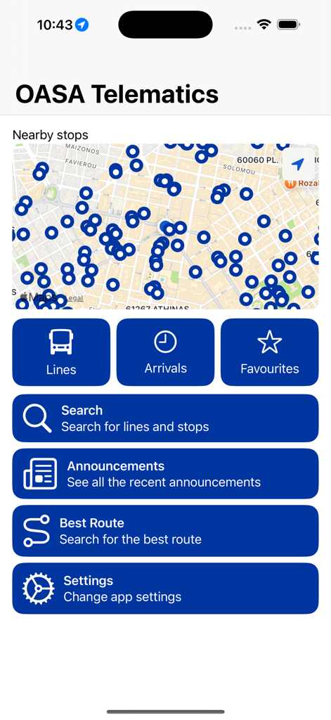 Main menu of the OASA Telematics app showing a map of nearby stops and transit navigation options