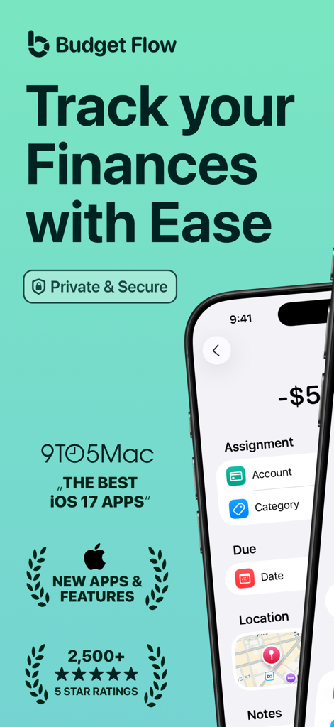 Budget Flow | Expense Tracker - Budget Flow expense tracker app interface showing transaction details and privacy features with top industry ratings