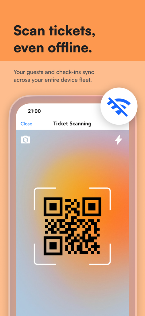 Guestlist: Guest List App - Interfaz de la aplicación Guestlist mostrando escaneo de entradas sin conexión con un escáner de código QR activo en una pantalla móvil