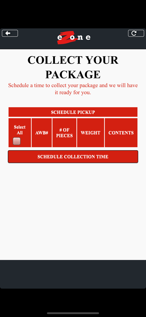 eZone App - eZone app screen for scheduling a package collection and viewing shipment details