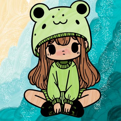 a girl wearing a frog hat and some frog socks