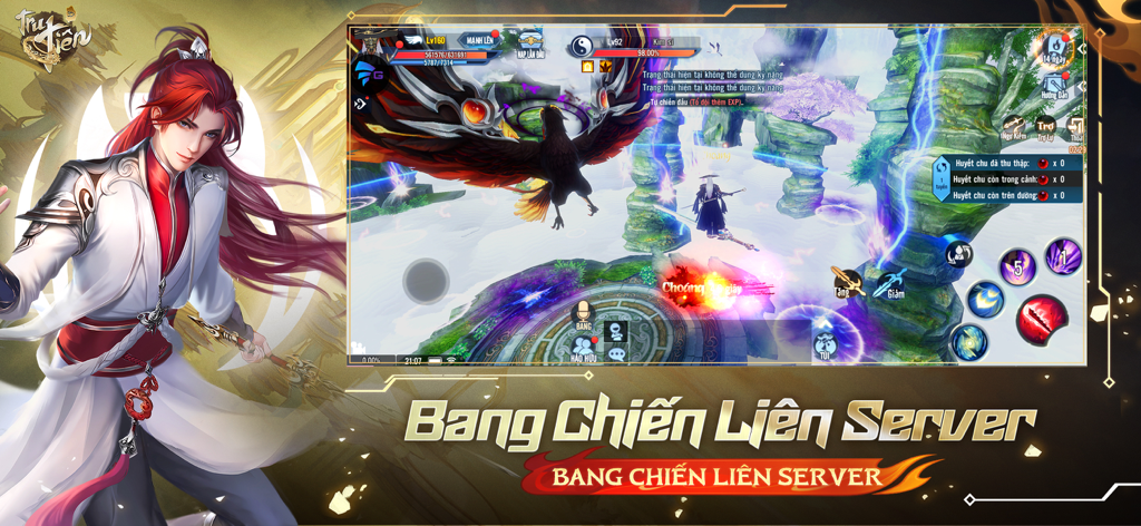 Tru Tiên 3D - Thanh Vân Chí - Capture d'écran du jeu mobile Tru Tien 3D présentant le gameplay d'une guerre de guilde inter-serveurs avec des personnages fantastiques.