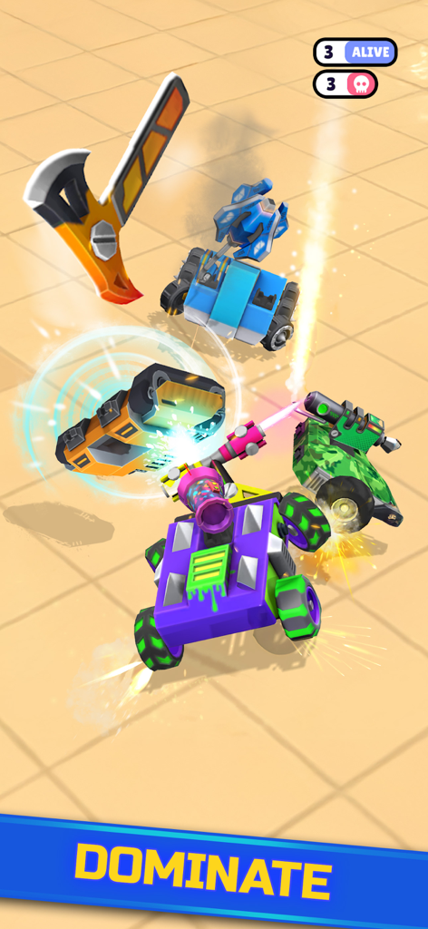 Pocket Bots: Battle Robots - 폭발적인 액션과 불꽃이 튀는 PvP 배틀 아레나에서 여러 맞춤 설정 가능한 로봇이 전투 중입니다.