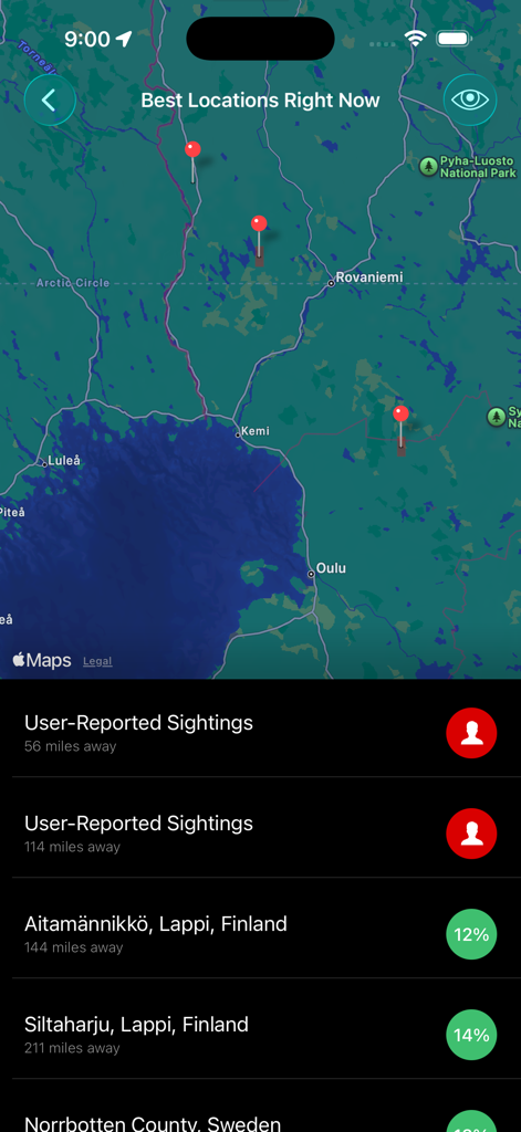 A map screen showing the best locations for viewing the Northern Lights with user sightings and probability percentages.