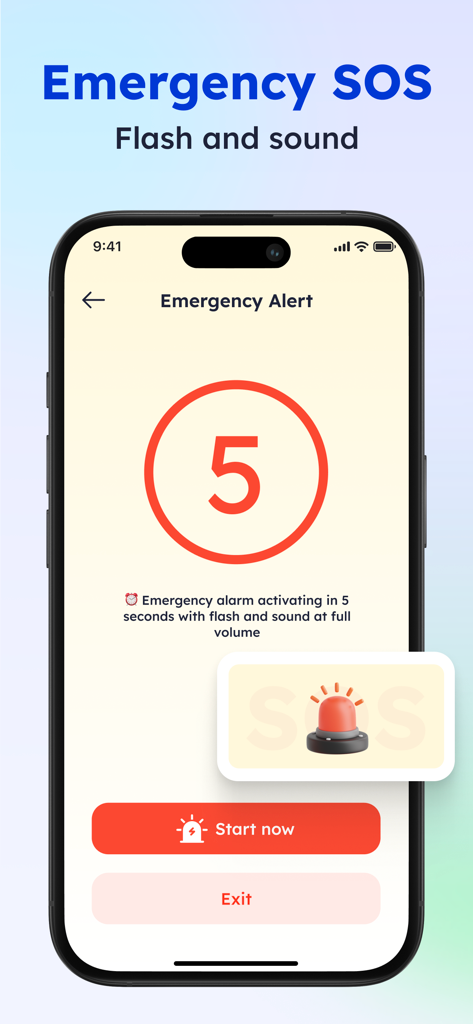Junk Cleaner - AI Clean Up - Emergency SOS interface in the Junk Cleaner app showing a countdown timer for a loud alarm and flash activation.