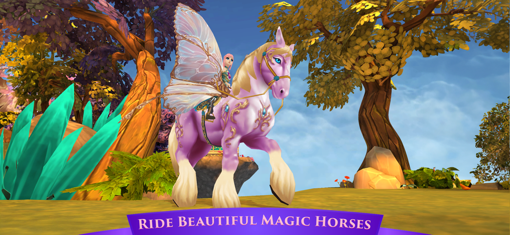 A female character riding a pink magical horse with large butterfly wings in a fantasy forest