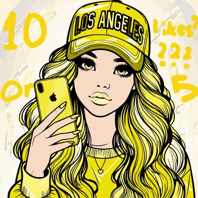 realistic beautiful girl wearing los ángeles cap holding an iphone