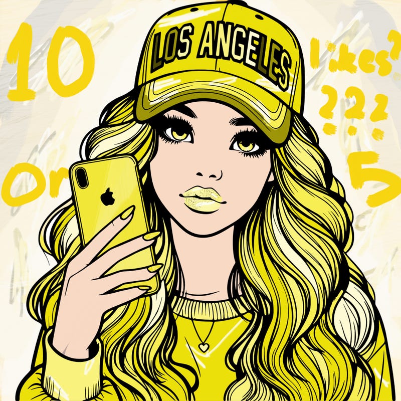 realistic beautiful girl wearing los ángeles cap holding an iphone