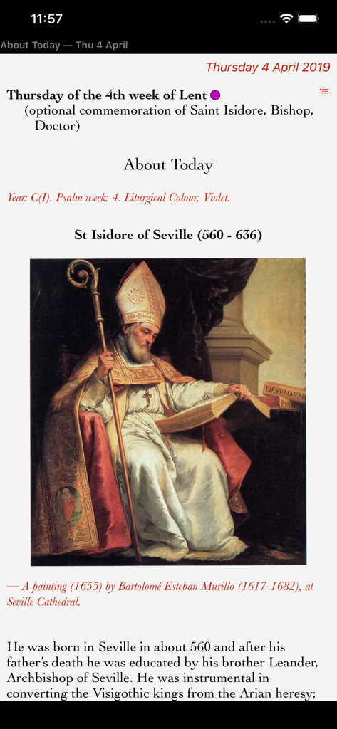 La pagina "Informazioni sulla giornata" nell'app Universalis con una biografia e un dipinto di San Isidoro di Siviglia