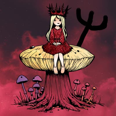 realistic girl sitting on a huge tree stump size toadstool with thorn crown