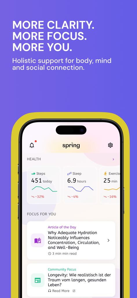 Spring for more healthy years - Dashboard of the Spring app showing daily health metrics for steps sleep and exercise