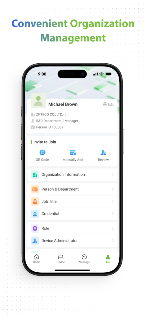 ZKBio Zlink - Mobile interface of ZKBio Zlink app displaying organization management features for business administrators