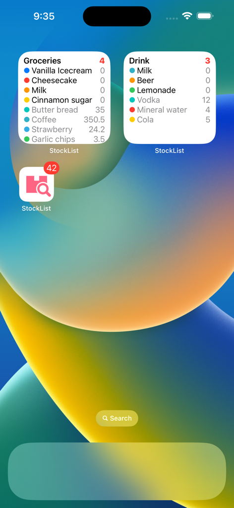 Stock List - Inventory Control - Pantalla de inicio del iPhone que muestra widgets de inventario de Stock List para comestibles y bebidas.