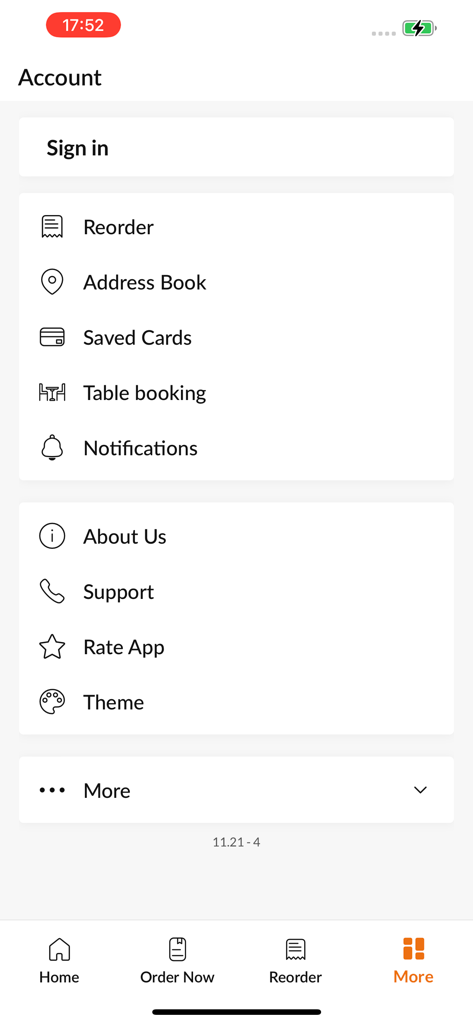 Al KababJi Charcoal - The account and settings menu screen of the Al KababJi Charcoal mobile app showing user options like reorder and table booking.
