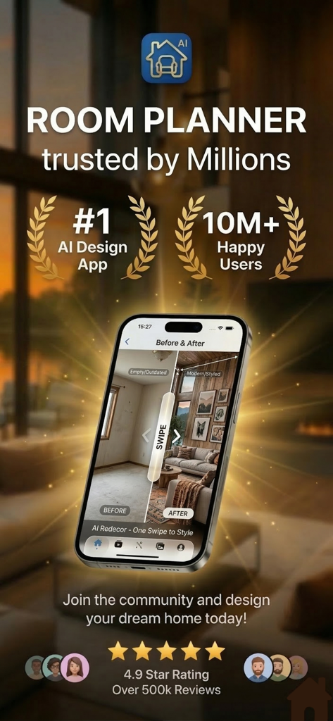Room Planner AI Home Design - Room Planner AI app promotional screen showing before and after room redesign on a smartphone