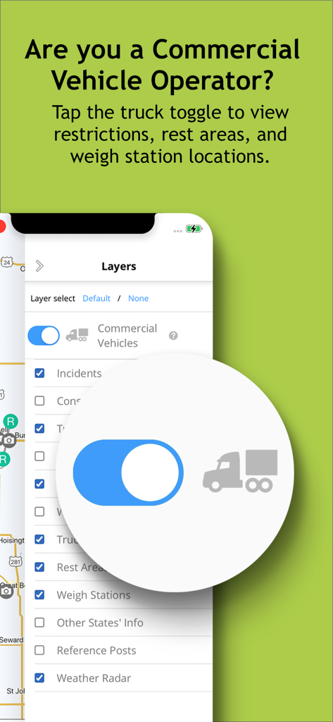 KanDrive - The KanDrive app interface showing a menu toggle for commercial vehicle features including rest areas and weigh stations.