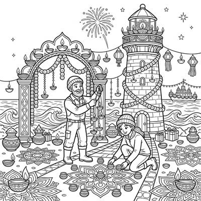 Experience a heartwarming blend of nautical charm and festive spirit with this unique Diwali coloring page. Watch as lighthouse keepers illuminate their world with radiant diyas and intricate rangoli patterns.