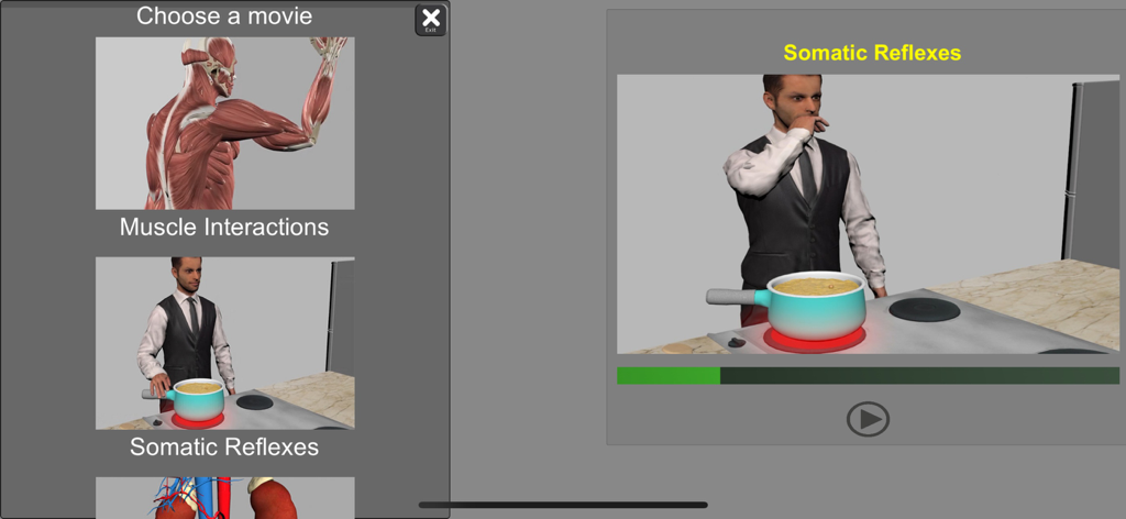 Interfaz de la aplicación 3D Anatomy que muestra una lista de películas de fisiología y un reproductor de video que demuestra reflejos somáticos.