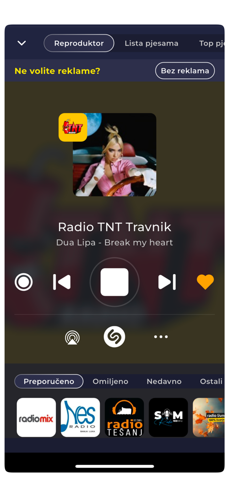 Mobile app interface of Radio Bosnia FM showing the live player screen for Radio TNT Travnik.
