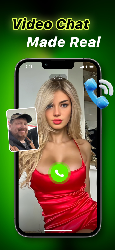 A smartphone screen showing a live video call between a woman and a man with the headline Video Chat Made Real.