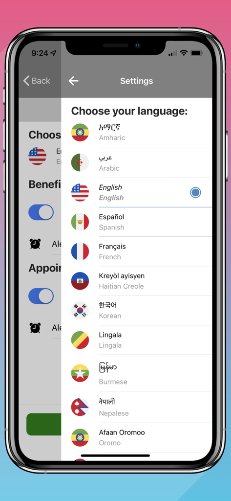 WICShopper app screen showing a list of language options in the settings menu.