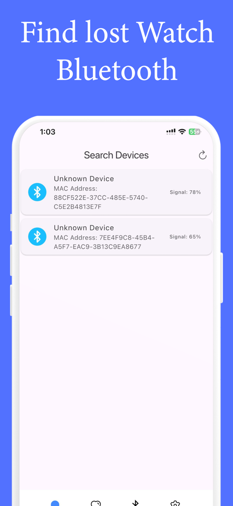 ユーザーが紛失したアイテムを見つけるのに役立つように、信号強度とともに近くのBluetoothデバイスのリストを表示するモバイルアプリ画面
